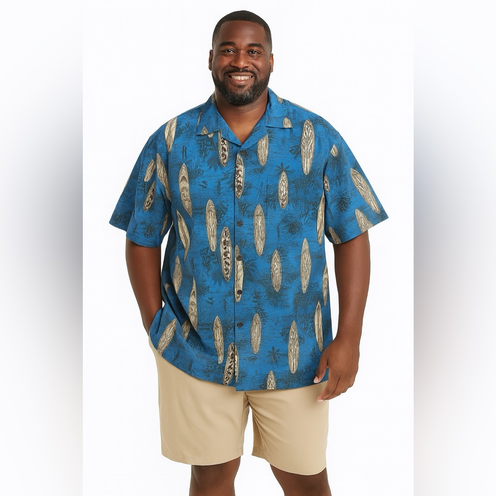 Hilo Hattie Blue Surfboard Hawaiian Aloha Shirt Button Front Men 3X Big Tall